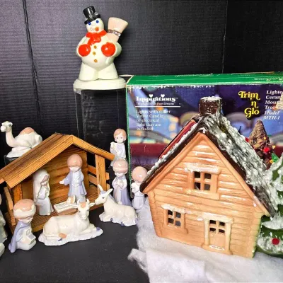 Vintage Christmas - Lighted Ceramic Tree House & Snowman Plus UOGC Nativity