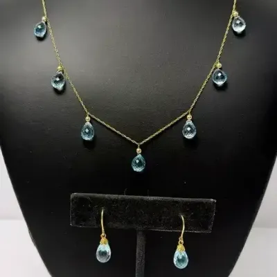 14K & 18K Gold Blue Topaz Drop Necklace with 14K Gold Blue Topaz Earrings