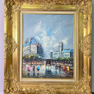 Impressionist Style Paris Street Scene Painting on Canvas in Ornate Frame