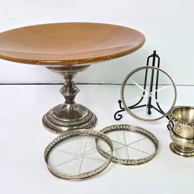 Sterling Silver Stieff Toothpick Holder, Sterling Rimmed Coasters & Weighted Sterling Compote