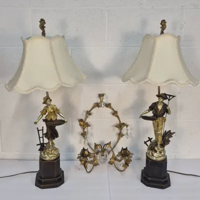 Hollywood Regency Figural Lamps & Leaf Wall Sconce with Prisms