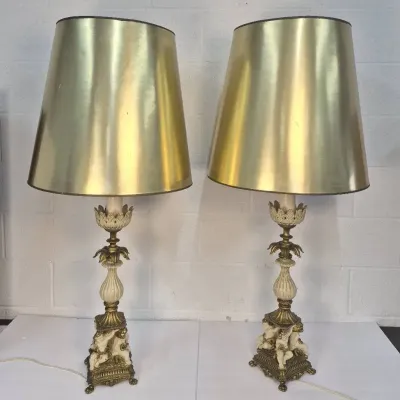 Hollywood Regency Cherub Lamps with Gold Drum Shades