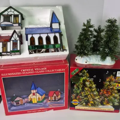 Lemax Fiber Optic Trees & Crystal Village Stained Glass Christmas Houses