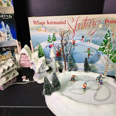 Department 56 Village Animated Skating Pond Plus Santa's Village Houses