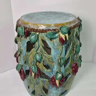 Ceramic Majolica-style Garden Stool 16x17"