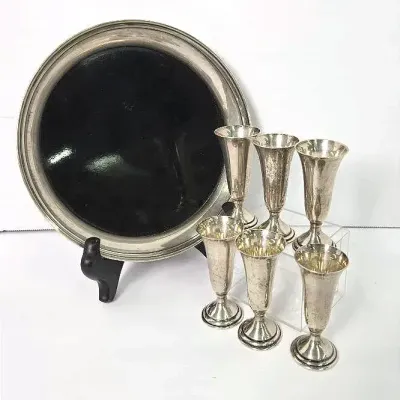 Sterling Silver Cordials with Sterling Rimmed Tray