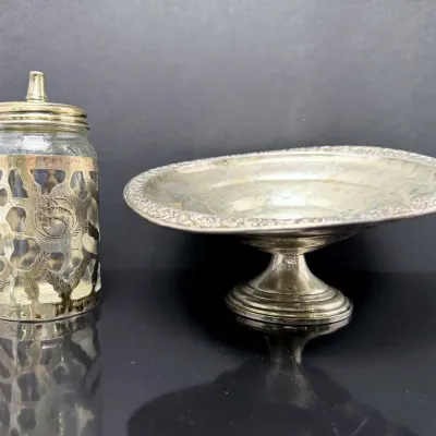 Weighted Sterling Silver Compote & Bottle with Sterling Overlay