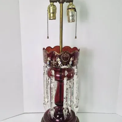 Antique Ruby Bohemian Glass Lustre Converted to Electric Lamp 