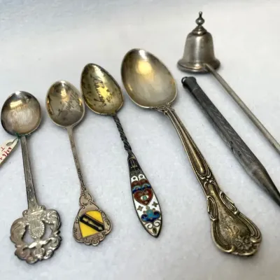 Sterling Silver Spoons, Mechanical Pencil And Bell Snuffer