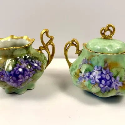 Antique 1910 MZ Austria China Creamer & Sugar Set W/ Lid Handpainted