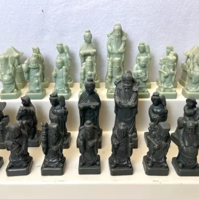 Chinese Hand Carved Soapstone Chess Set, Complete 32pcs