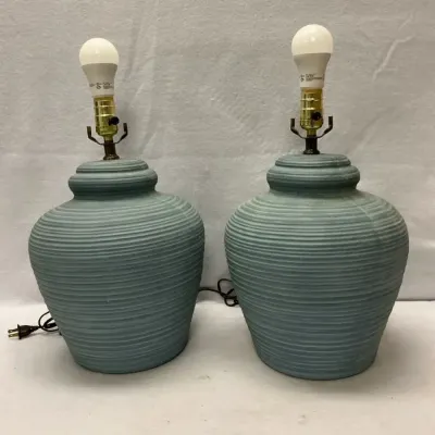 Two S+Mind Style Blue Danish Modern Beehive Table Lamps by Elite
