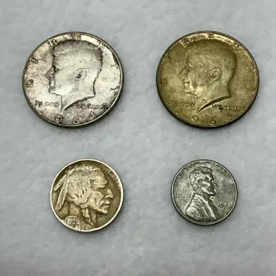 Two Kennedy Half Dollar, Buffalo nickel, wheat penny