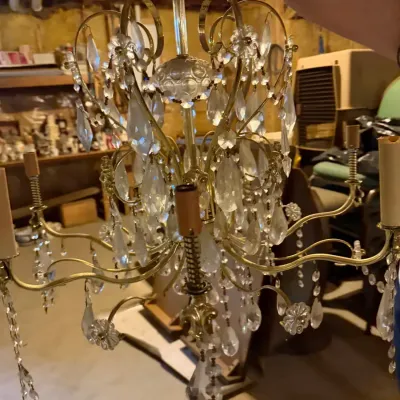 Authentic vintage Schonbek Hollywood Regency style crystal and brass chandelier