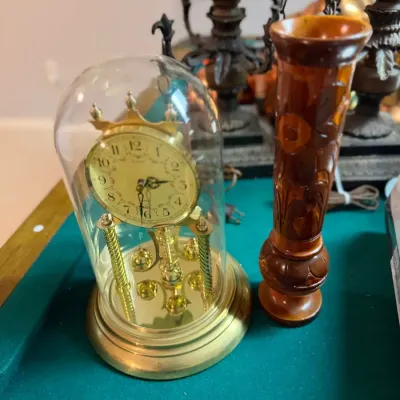 Vintage Sloan Brass Quartz Anniversary Clock, manufactured in West Germany & Wood Carved Vase