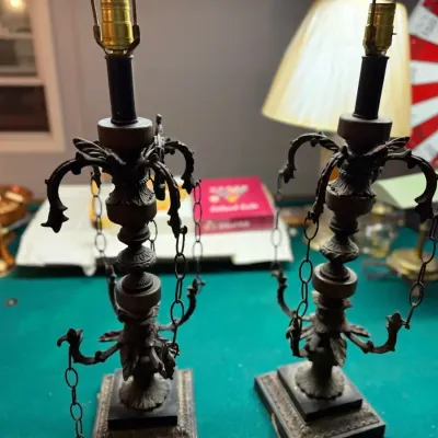 Pair of Antique Gothic Revival or French Renaissance Revival style candelabra table lamps