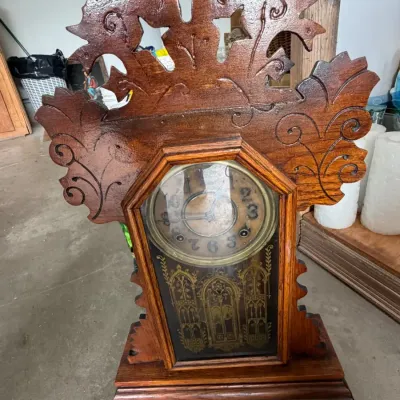 Antique American "gingerbread" style mantel clock (also frequently called a parlor or kitchen shelf 