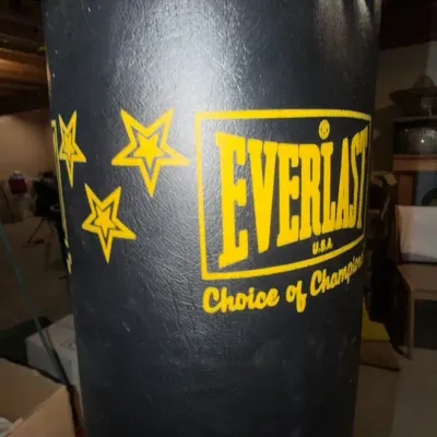 Everlast hanging heavy bag featuring the brand's classic yellow "Choice of Champions" logo, and Glov