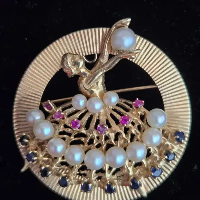 Vintage 14K Gold, Pearl & Gemstone Ballerina Brooch/Pendant
