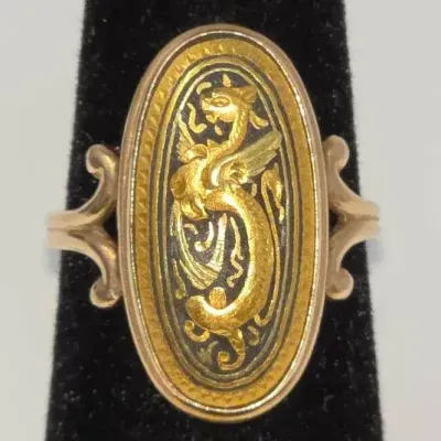 Vintage 10K Gold Damascene Dragon Ring