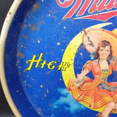 Vintage Gasoline Can & Miller High Life "Girl On The Moon" Tin Tray