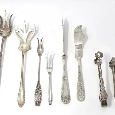 Antique Sterling Serveware - Lemon/Lettuce Forks, Bon Bon Tongs And Butter Knives - Feat. 