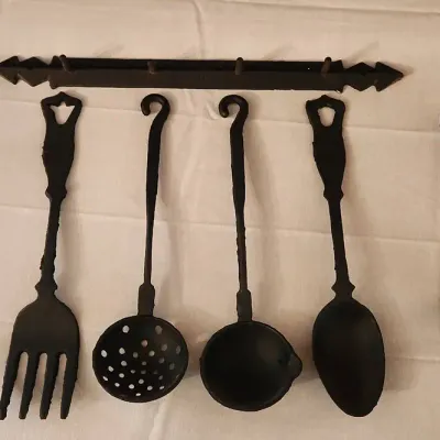 Vintage Decorative Black Cast Iron Kitchen Utensil Set