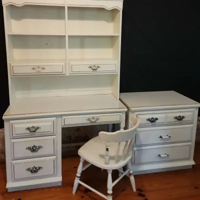 White Office Desk, Chair And Side Table Cabinet 