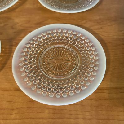 White Opalescent Hobnail Glass Cups & Saucers – Set of 4 (Set B)