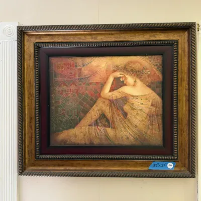 Large Framed Decorative Figural Art – Seated Woman, Warm Earth Tones – 32" x 27" (MBR)