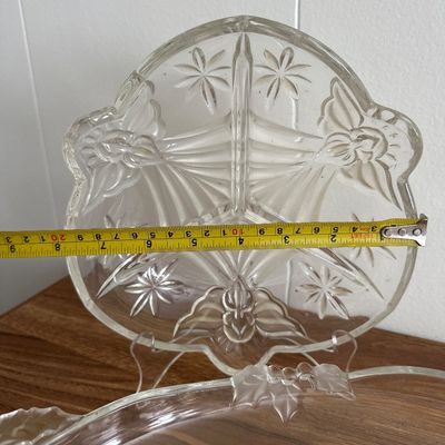 Vintage Frosted Pressed Glass Christmas Platter and Relish Dish Set Holiday Serveware