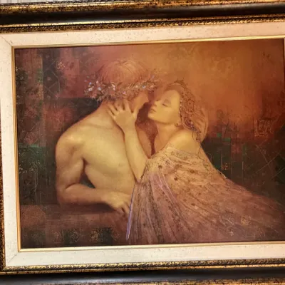 Signed Contemporary Romantic Figurative Couple Artwork – Ornate Framed Mixed Media Style, 39" x 32" (LR)