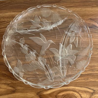 Vintage Frosted Glass 3-Section Divided Serving Platter 13 Inch Hummingbird and Lily Floral Tray