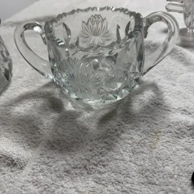 Antique EAPG-Style Pressed Glass Floral Creamer & Double Handle Sugar Bowl Set