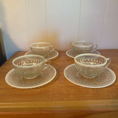White Opalescent Hobnail Glass Cups & Saucers – Set of 4 (Set B)
