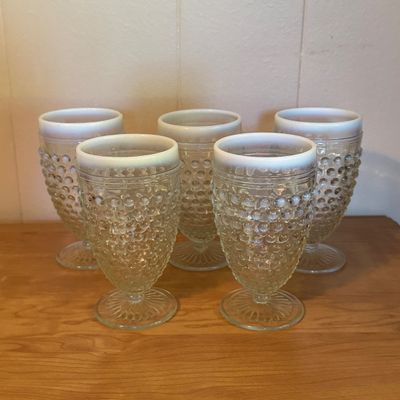 White Opalescent Hobnail Footed Drinking Glasses – Set of 5 (Set B)