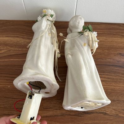 Pair of Vintage Light-Up Ceramic Angel Figurines - 9.5" White Bisque Porcelain Christmas/Holiday Decor