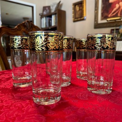 Set of 6 MCM Culver Bavaria Gold Encrusted Black Tumbler High Ball 12oz Glasses (DR)