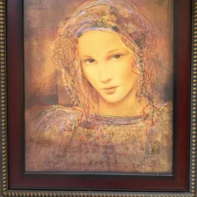 Signed “Alet” Mixed Media Style Portrait of Woman – Ornate Framed Figurative Art, 31" x 27" (LR)