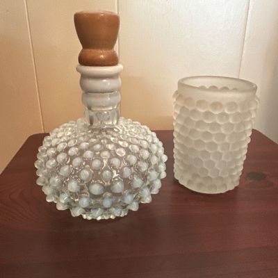 White Opalescent Hobnail Glass Bottle & Frosted Vase – 2-Piece Lot