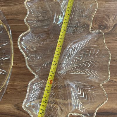 Vintage Gold Trim Glass Platters Set Oval Starburst Tray and Leaf Shaped Relish Dish