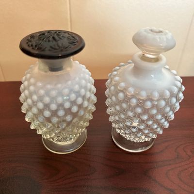 White Opalescent Hobnail Glass Perfume Bottles with Stoppers – Pair
