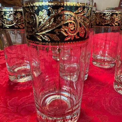 Set of 6 MCM Culver Bavaria Gold Encrusted Black Tumbler High Ball 12oz Glasses (DR)