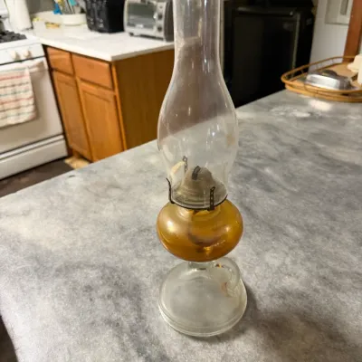 Vintage Amber & Clear Glass Kerosene Oil Lamp w/ Finger Loop & Chimney
