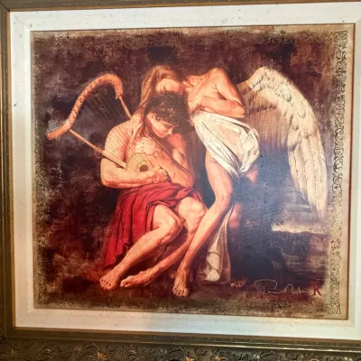 Large Framed Classical Angel & Harp Art Print – Ornate Gold-Tone Frame DR