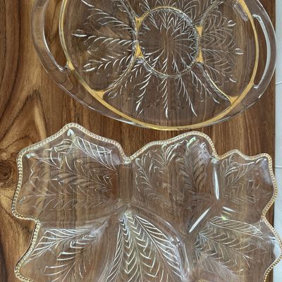 Vintage Gold Trim Glass Platters Set Oval Starburst Tray and Leaf Shaped Relish Dish
