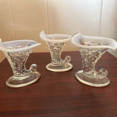 3 White Opalescent Hobnail Glass Cornucopia Vases