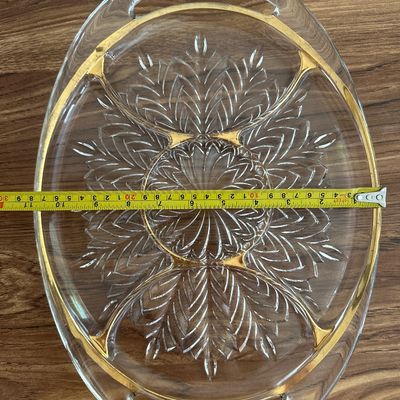 Vintage Gold Trim Glass Platters Set Oval Starburst Tray and Leaf Shaped Relish Dish