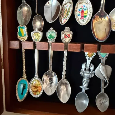 Vintage Travel Souvenir Spoon Collection in Wood Glass Display Case – Europe & Mediterranean Choice #2 DR