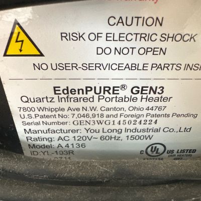 EdenPURE Gen3 Quartz Infrared Portable Space Heater Model A4136 1500W